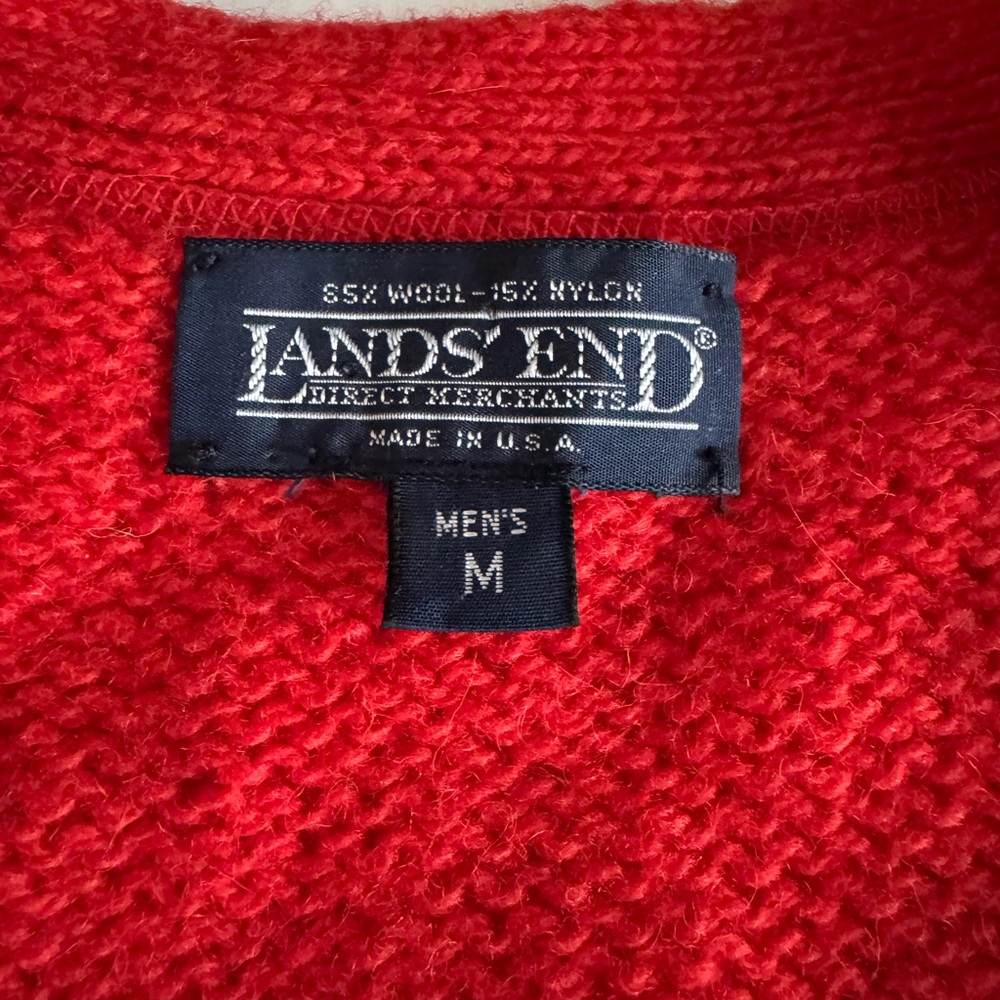 Vintage Lands’ End Red Orange Black Striped V Neck Wool Cardigan Sweater Sz M - Picture 3 of 8
